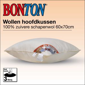 Puur natuurlijk zuiver scheerwollen hoofdkussen 60x70cm Bonton schaperie. Lekker stevig wollen kussen. Hard kussen. puur natuurlijk.